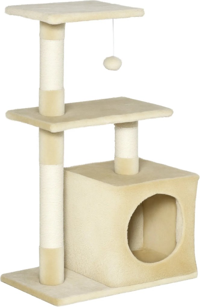 PawHut kaparófa macskáknak, háncs posztokkal és mászókerettel, plüss macska játékkal, bézs, 50 x 30 x 81,5 cm | Aosom