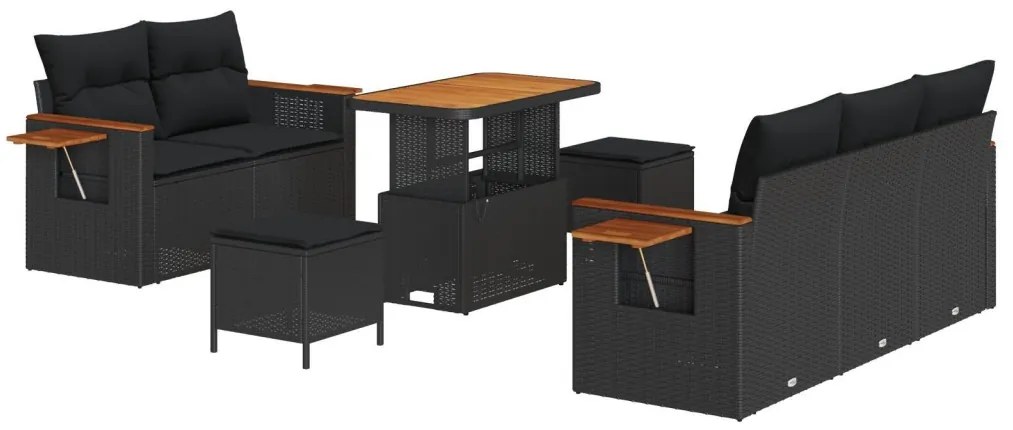 8 darabos kert kanapé szett párnákkal fekete poli rattan akáccal, 3 darabos kert étkező szett párnákkal fekete poli rattan akáccal