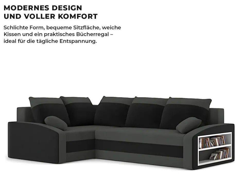 Grande sarokkanapé polcokkal , polc a jobb karfaban, baloldali, szövet anyag, hab töltet, szürke - fekete