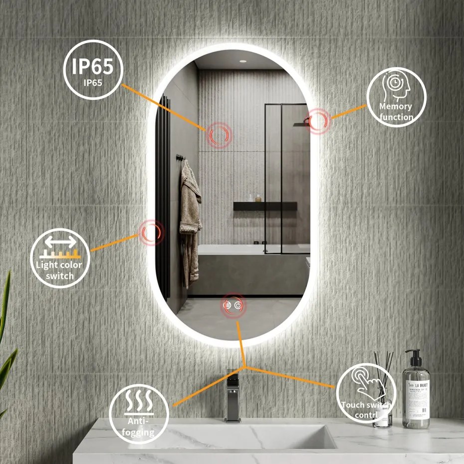 Erga Demi, ovális LED tükör 50x90cm, 3 fényszín, elülső világítás, páramentes fűtőpárna, ERG-V01-DEMI-5090-CL
