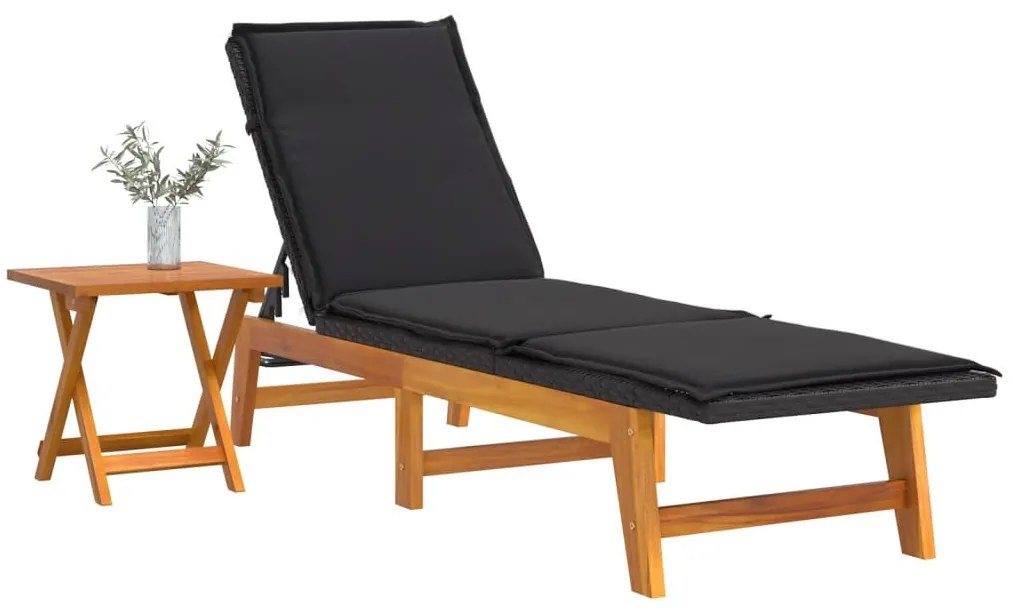Polyrattan és tömör akácfa napozóágy asztallal