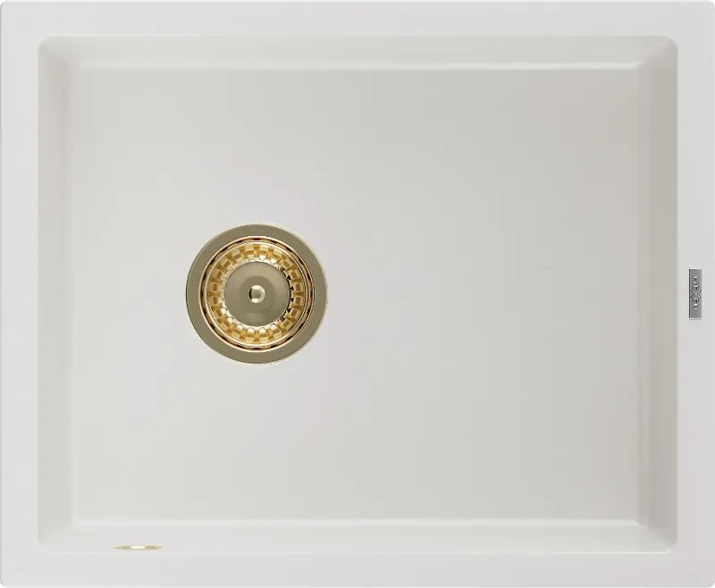 Mexen Pedro gránit mosogató 1-medencés 560 x 460 mm, fehér, arany szifon - 6508561000-20-G