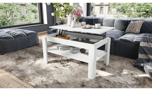 Fehér ADEN konferenciás asztal emelhető lappal és polccal, kihúzható