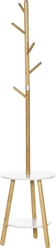 HOMCOM 2 az 1-ben Bambusz Kabátállvány Fa 2 Polccal és 5 Akasszal Táskákhoz és Alumínium Kerettel Előszobába és Hálószobába 39.5x39.5x171 cm Természet