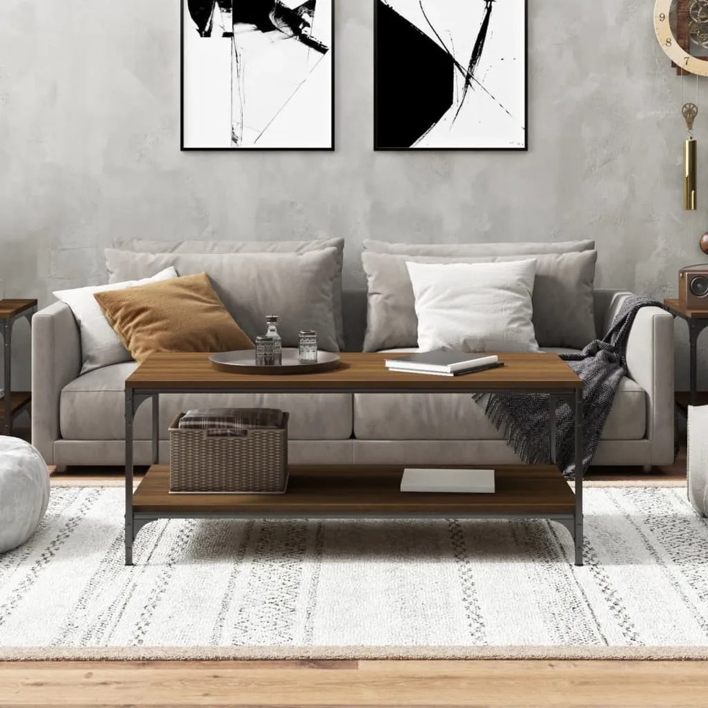 Barna tölgyszínű szerelt fa dohányzóasztal 80 x 50 x 40 cm