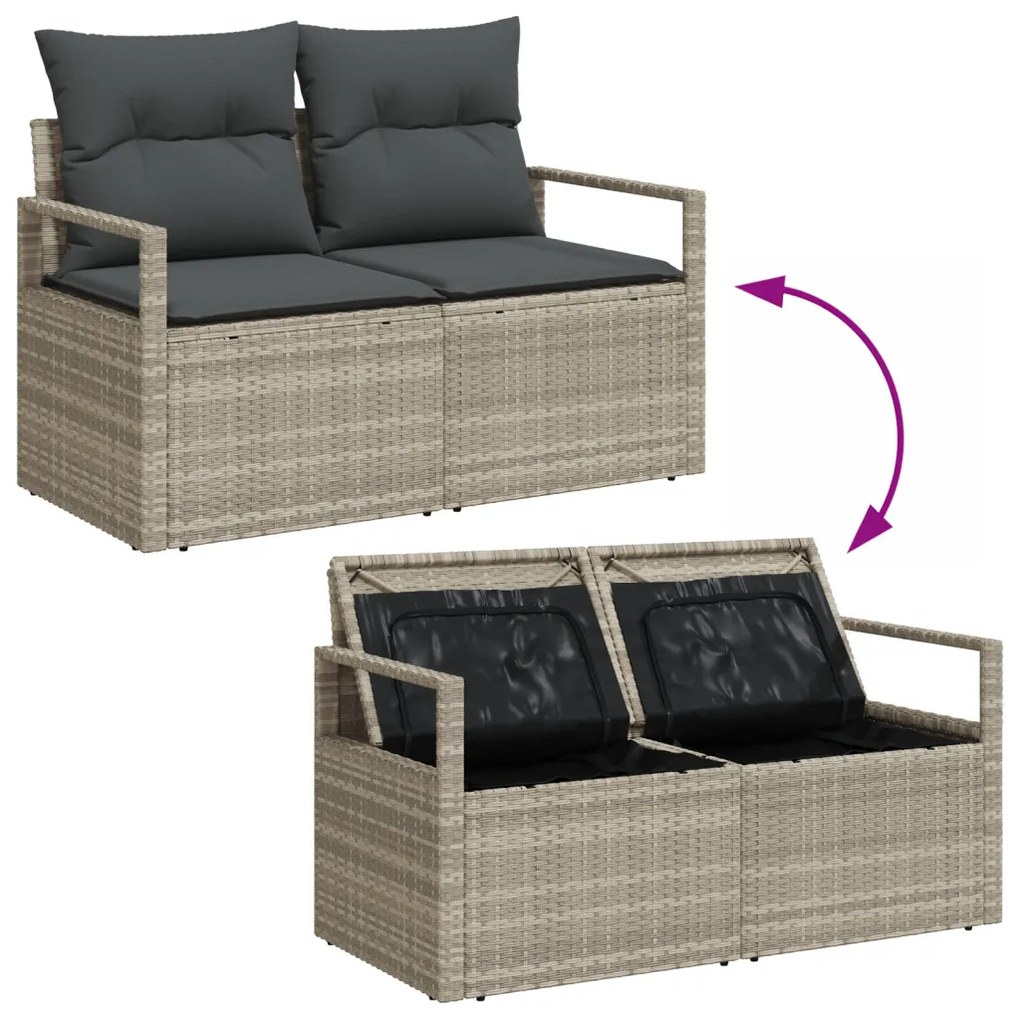 6 Részes Kerti Sofa Készlet Párnákkal Világosszürke Poli Rattan, 2-Személyes Kerti Sofa Tárolóval és Párnákkal Szürke Poli Rattan
