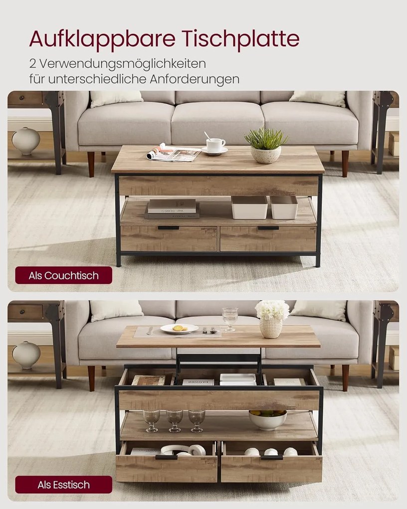 VASAGLE magasságban állítható dohányzóasztal, 50 × 100 cm, karamellbarna–tintafekete színben