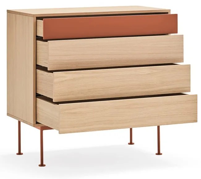 Yoko téglavörös fiókos komód tölgyfa dekorral - Teulat