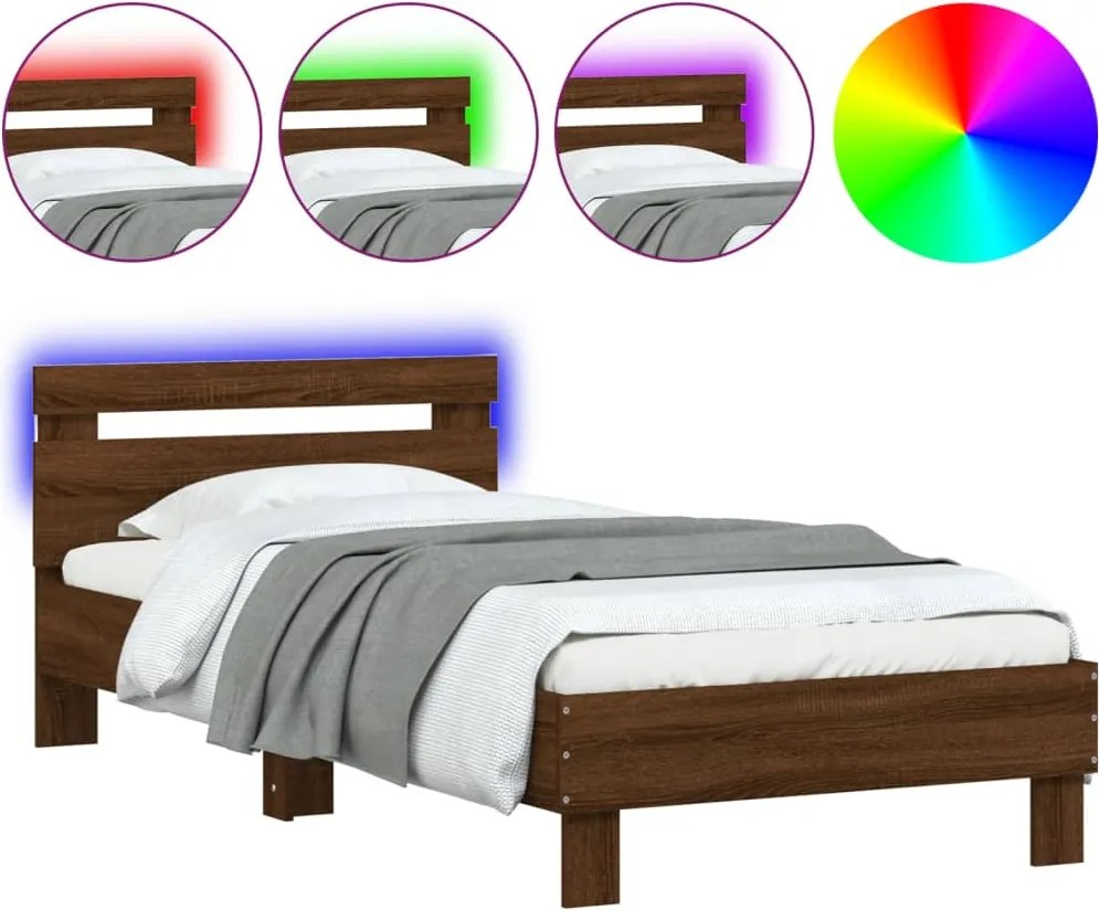 vidaXL barna tölgy színű ágykeret fejtámlával és LED-ekkel 90 x 200 cm