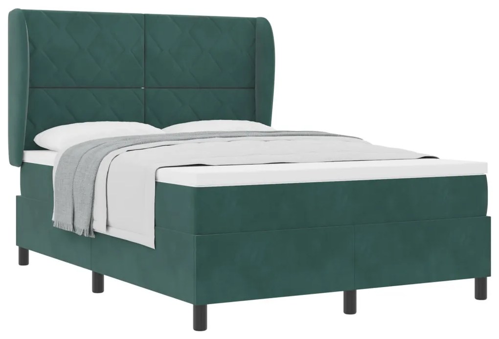 Boxspring Ágy Mattal - Sötét Zöld, 140x200 cm, Bársony