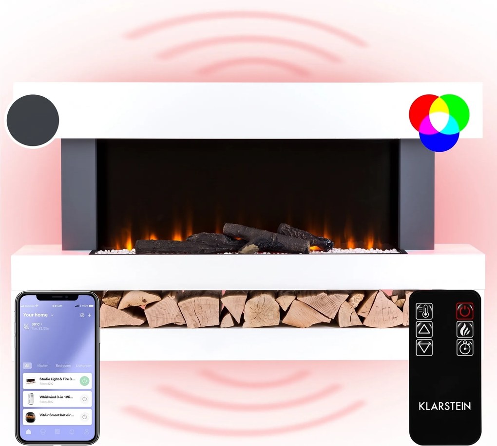 Klarstein Studio Light & Fire 3 Smart, kandalló, 1000/2000 W, MDF, WiFi Control