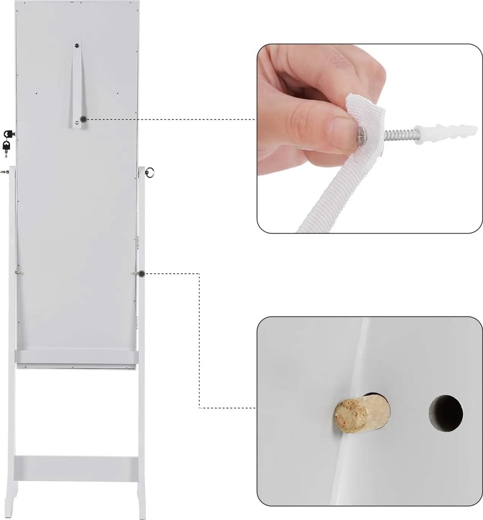 Led világító ékszerszekrény tükörrel, zárható ékszertartó 2 fiókkal, fehér