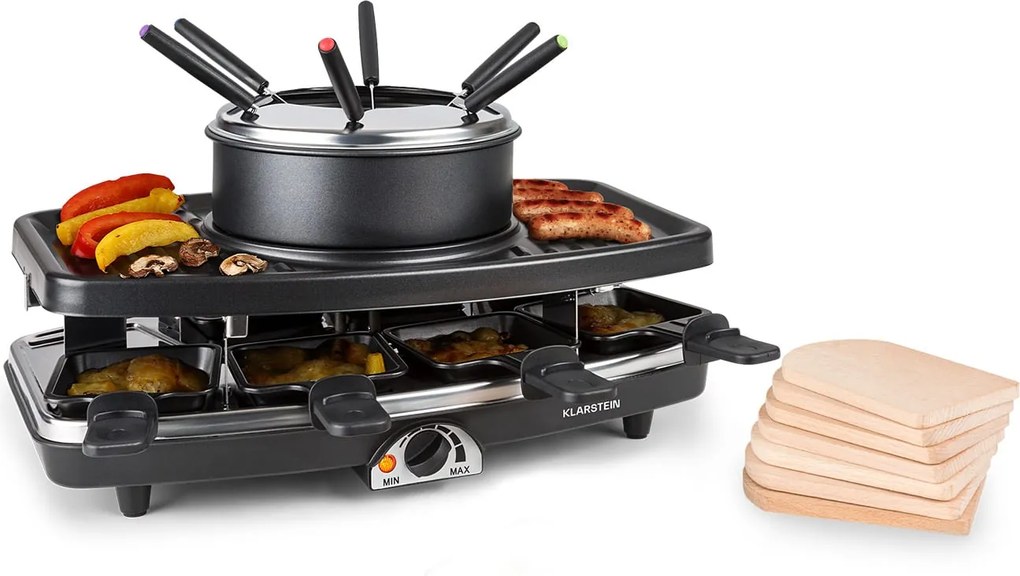 Klarstein Entrecote, 2 az 1-ben raclette grill fonduevel, 1100 W, természetes kő, 8 személyre, alátétek