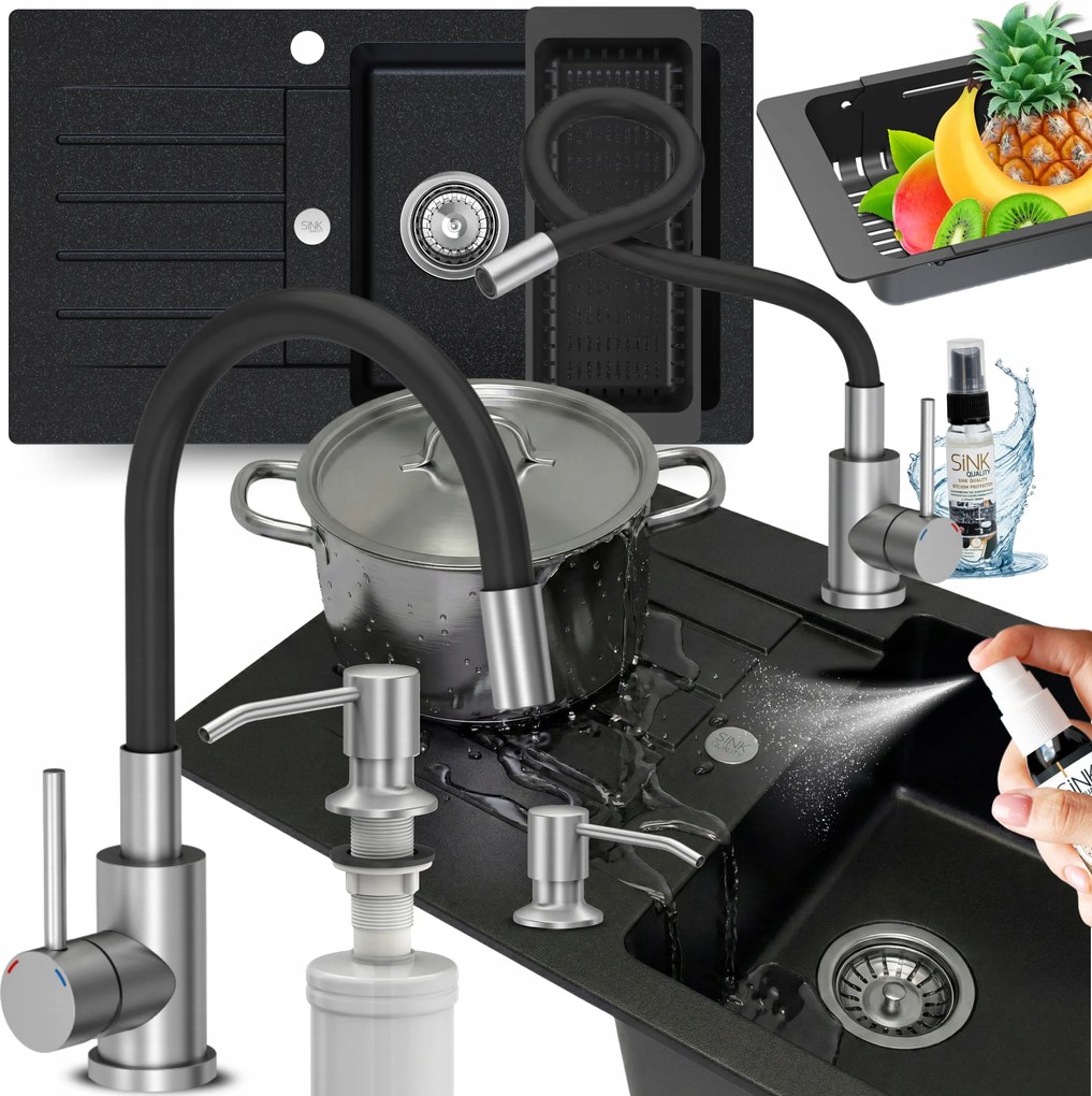 Gránit Mosogató Egykamrás Csepegtetővel Fekete Metál 10in1