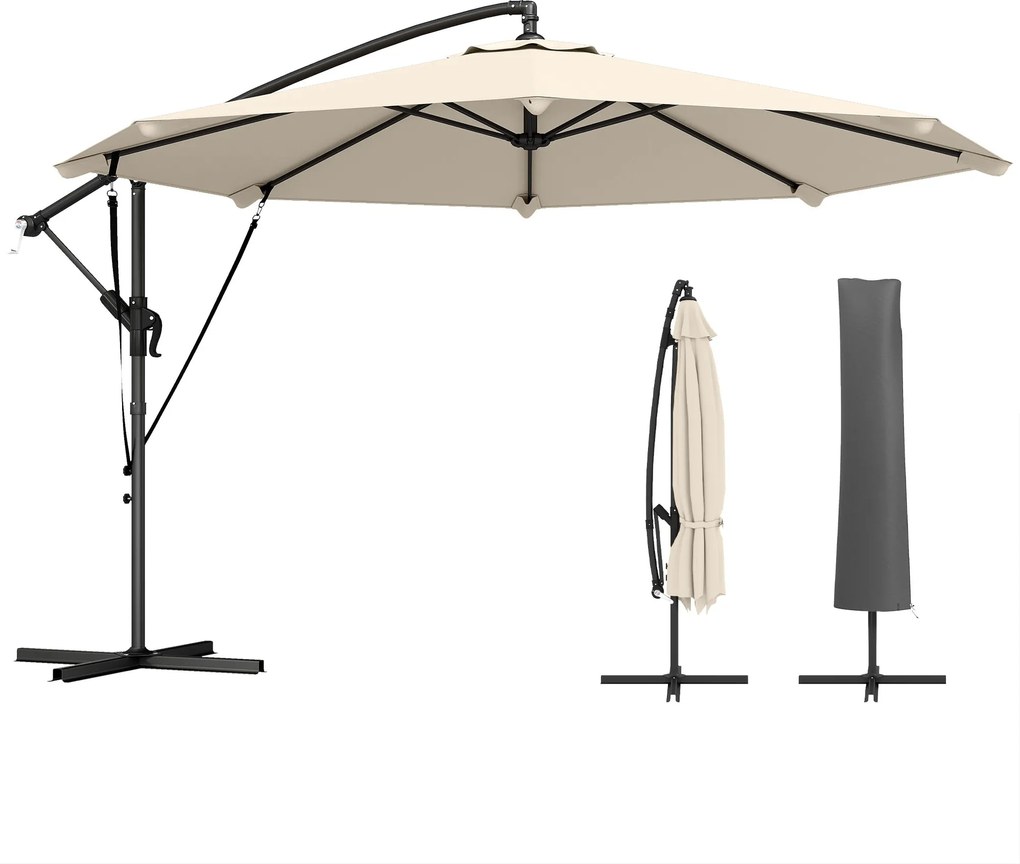 Outsunny oldaltartós napernyő ~ Ø 3,0 m | Dönthető, hajtókarral, keresztlábazattal, kitámasztó kötelekkel és huzattal – krémfehér | Aosom