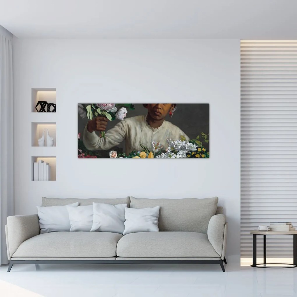 Kép - Frédéric Bazille, Young Woman with Peonies, reprodukciók (120x50 cm)