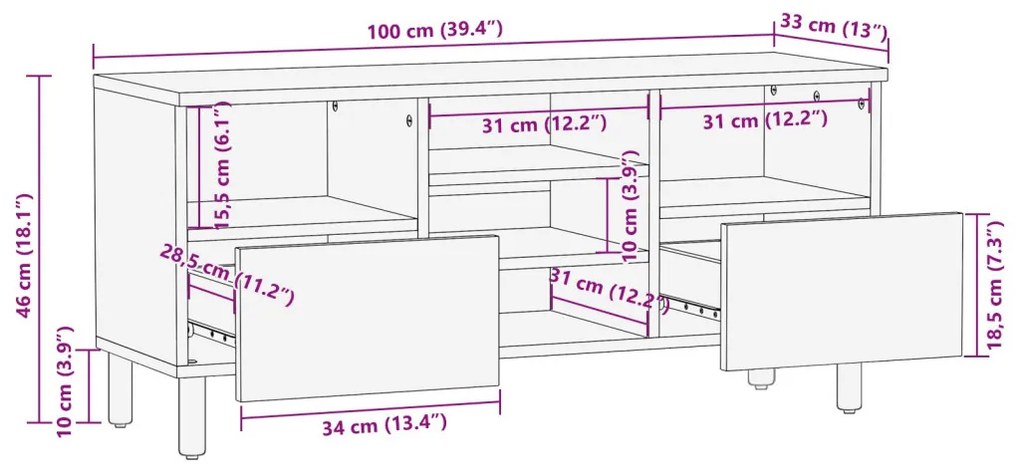 TV Szekrény 100x33,5x46 cm Tömör Akácfából
