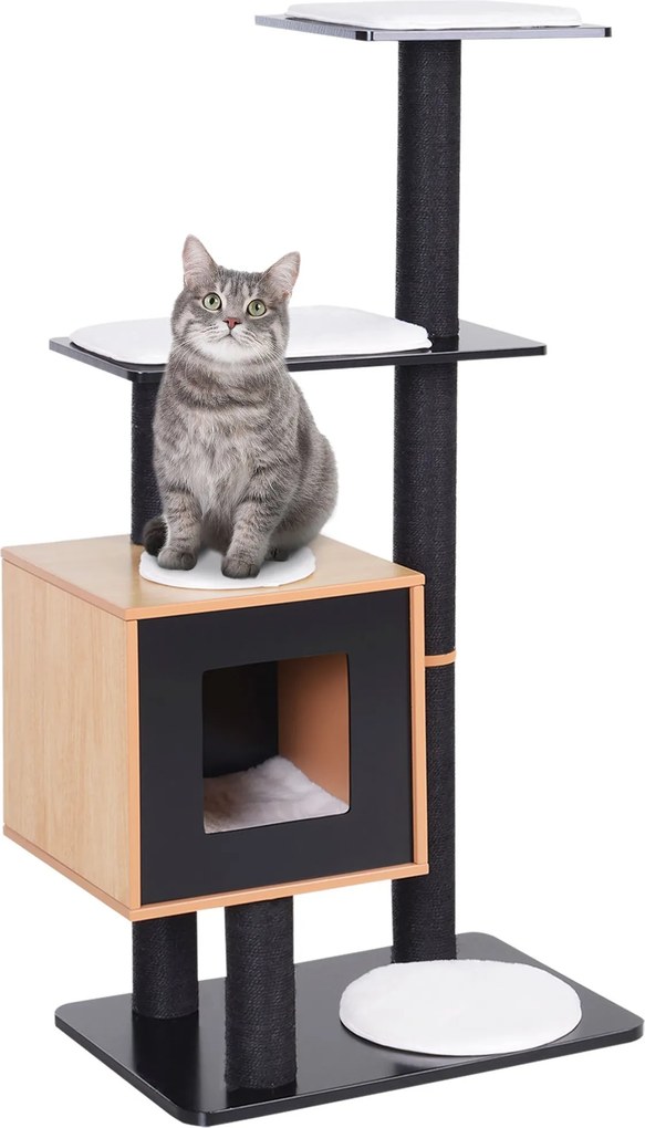 PawHut Kortárs Dizájn Kiscica Kaparófa Naturál Sisal Tevékenységi Központ Rejtekhely Platformok Feszes Labdával 71,5L x 49,5W x 120H cm MDF Fekete Bük