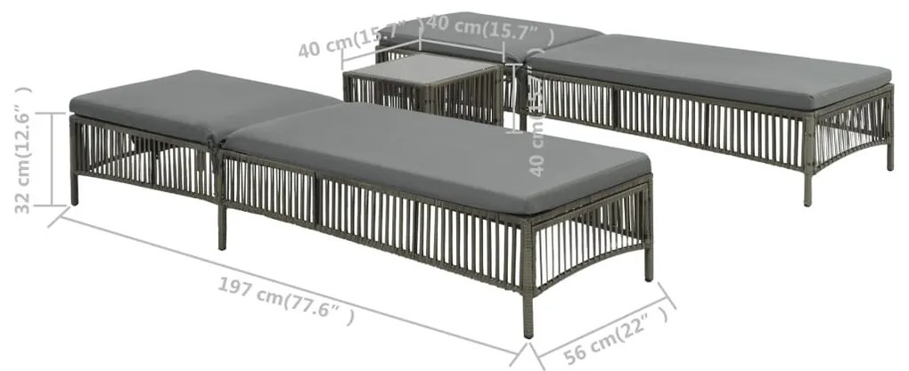 2 db szürke polyrattan napozóágy asztalkával