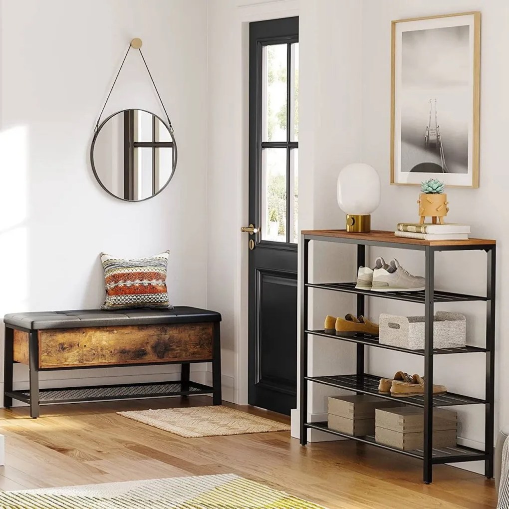 Cipőtároló polc 4 fém hálós polccal, rusztikus barna 100x30x92cm