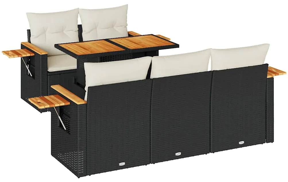 6 részes fekete polyrattan akácfa kerti ülőgarnitúra párnákkal