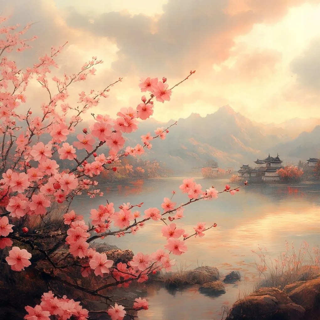 Canvas Vászonkép Tájkép Pagoda Fa Virágok Cseresznye Sakura 80x80