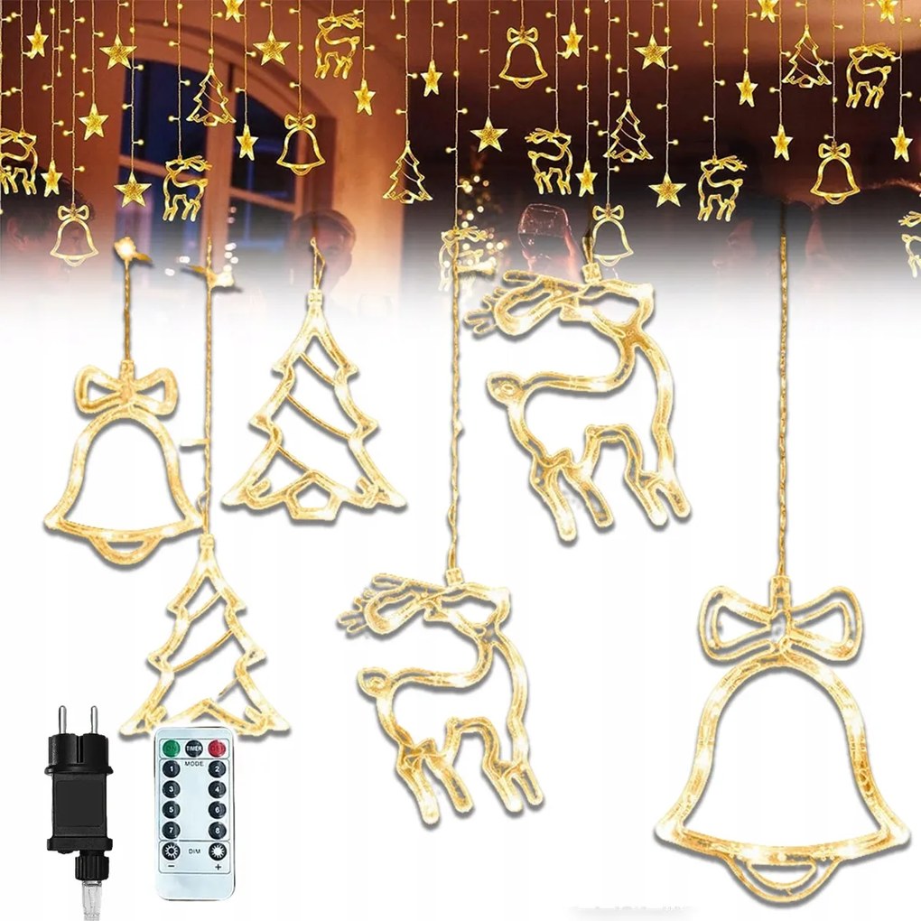 Fényfüggöny Led Karácsonyfa Fényfüzér Csengő Rénszarvas Fehér Meleg