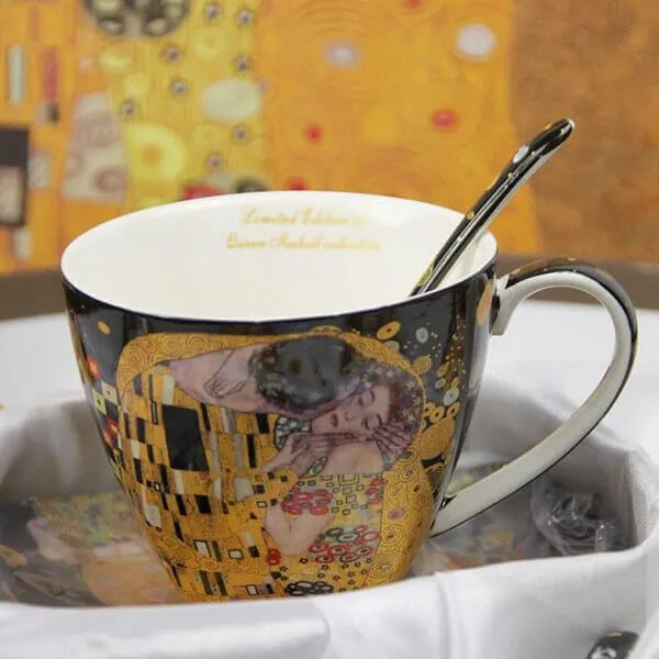 Klimt porcelán csésze aljjal 6 személyes készlet - 250 ml - The Kiss - fekete