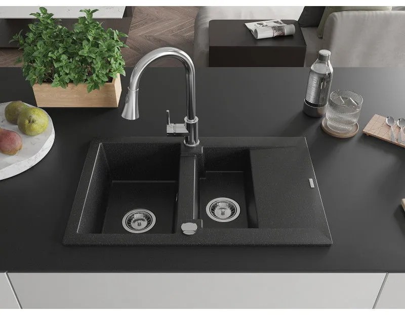 Mexen Gaspar, 1,5 kamrás gránit mosogató 737x475x177 mm és Elia mosogató csaptelep, fekete-ezüst metál, 6507-73-670101-00