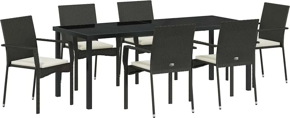 vidaXL Kert étkező szett párnával 7 pcs Fekete polirattan