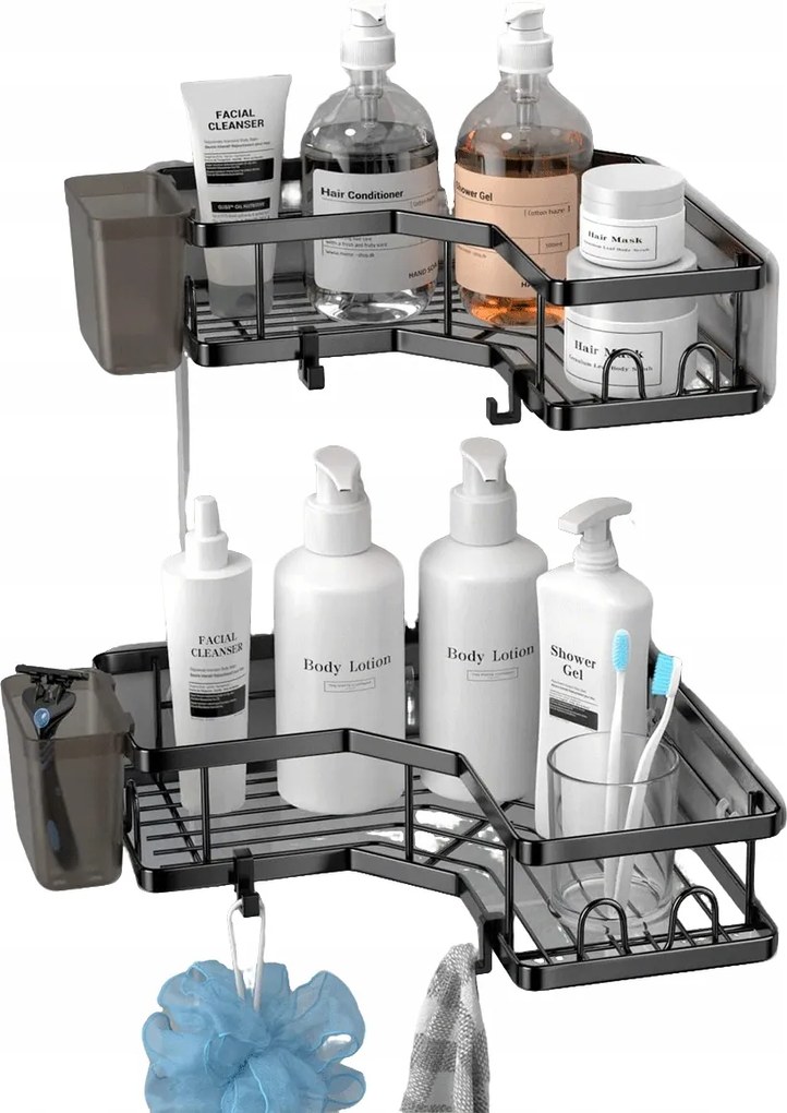 2db Függő sarok zuhanypolc fekete fúrás nélkül öntapadós