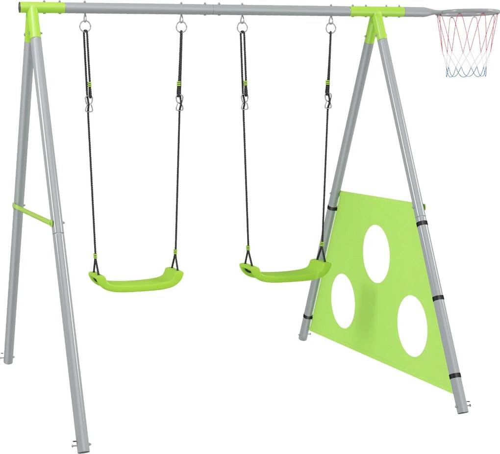 AIYAPLAY 3 az 1-ben hintaállvány kültéri hinta szett 2 hintával, kosárlabdapalánkkal, focikapuval, fém keretes dupla hinta gyermekeknek, gyermek hinta