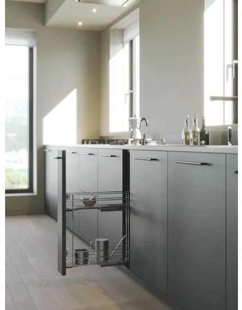 Konyhai fémrács, 200mm, bal oldalra szerelhető, ezüst szürke, teljes kihúzás, csillapított záródás, rejtett fióksín, 2 kosár SIGE, Green Line 002