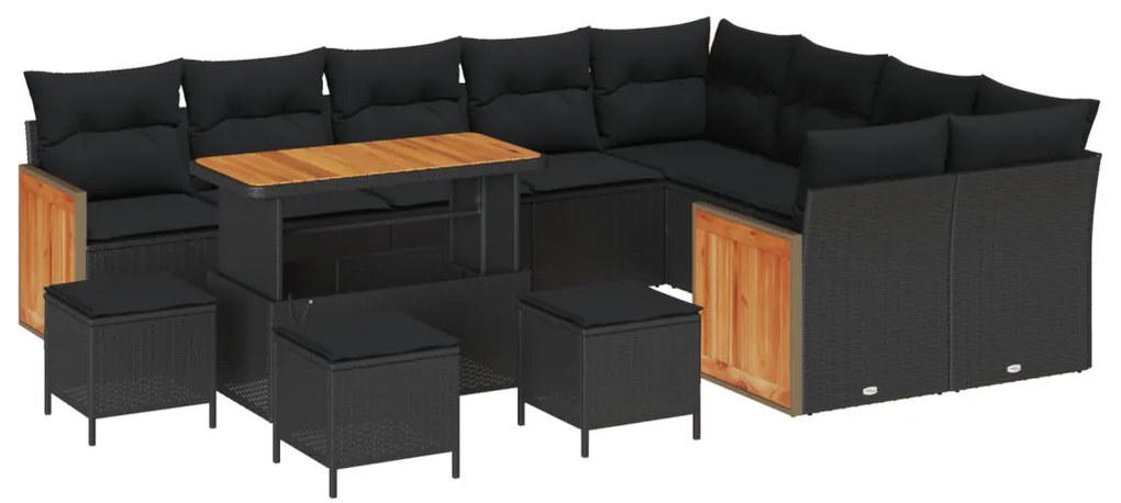 13 darabos kert sofa szett párnákkal fekete poli rattan akáciával, 4 darabos kert étkező szett párnákkal fekete poli rattan akáciával