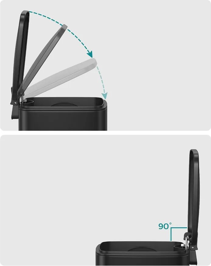 Fürdőszobai szemetes tetővel, 8L, kis helyekre, Soft Close, acél, fekete