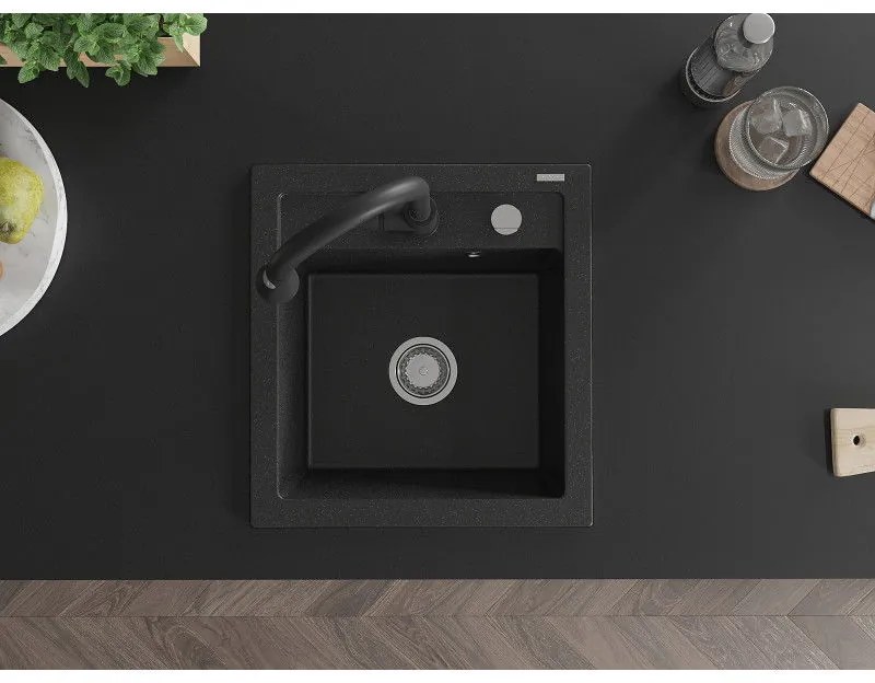 Mexen Vito, 1 kamrás gránit mosogató 490x520x210 mm és Elia mosogató csaptelep, fekete-ezüst metál, 6503-73-670101-70