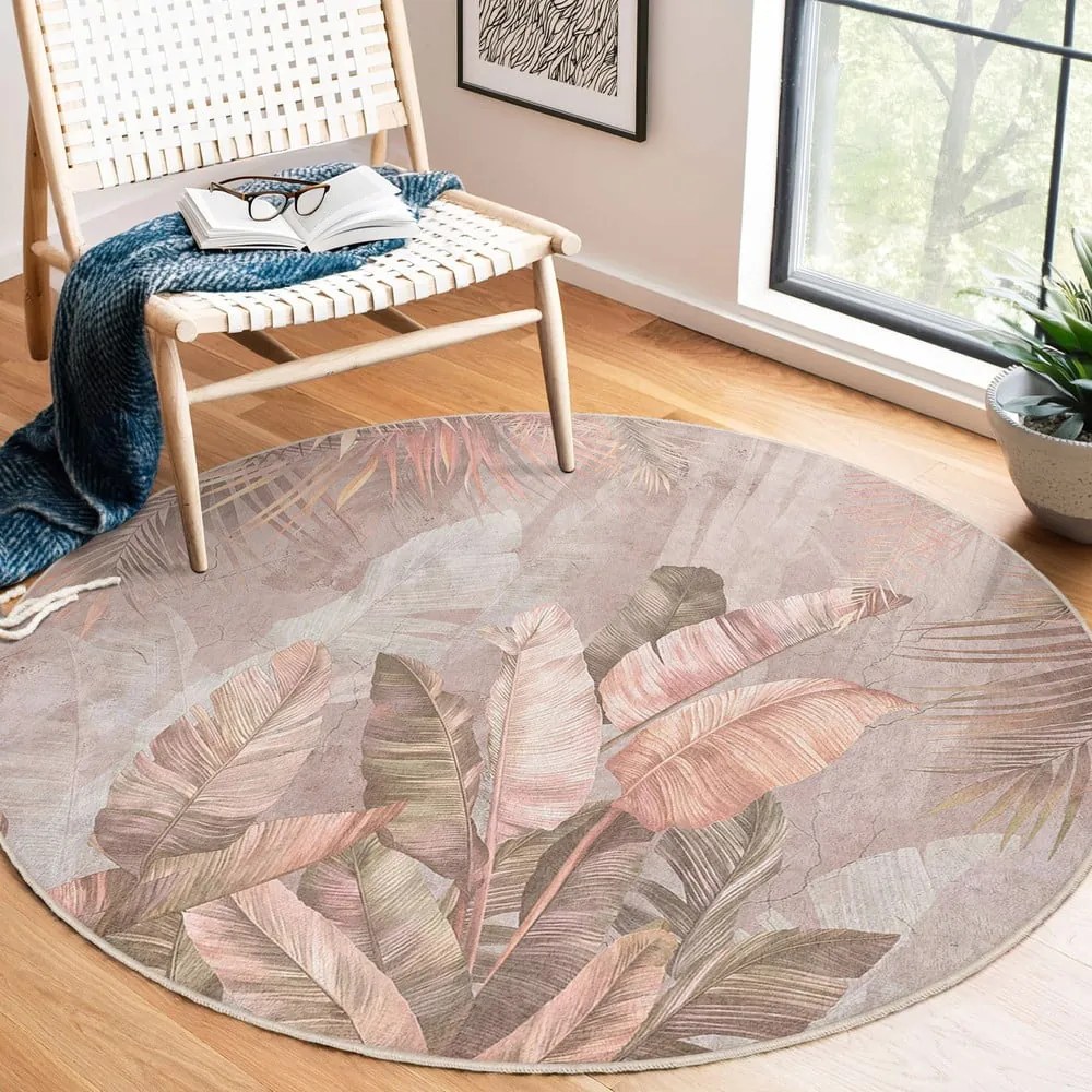 Világos rózsaszín mosható kerek szőnyeg ø 100 cm Dusty Leaves – Mila Home