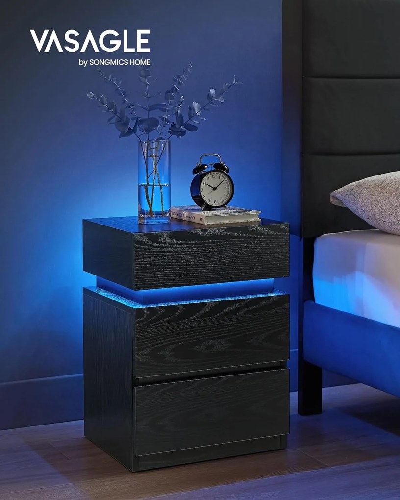 Éjjeliszekrény led világítással, állítható színű fény, 3 fiókos oldalasztal, 35 × 40 × 55 cm, fekete