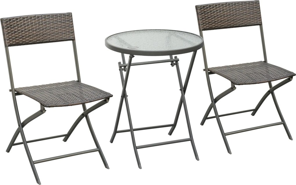 Outsunny Kerti Bútor Szett Asztal és 2 Rattan Szék, Összecsukható Üléssel és Üveg Asztallal Teraszra, Pavilonra Barna | Aosom