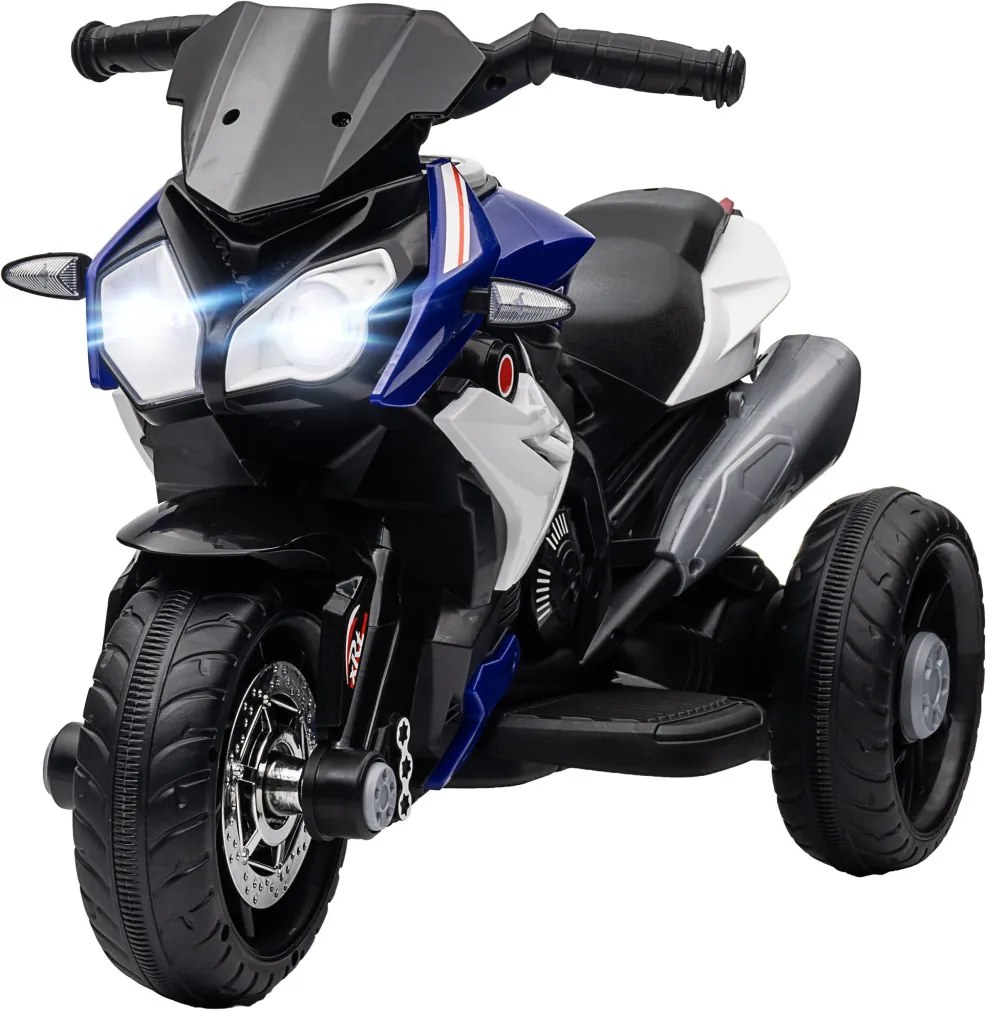 HOMCOM Elektromos Gyerekmotor, fények és hangok, 3 km/h, újratölthető, műanyag és fém, kék-fehér