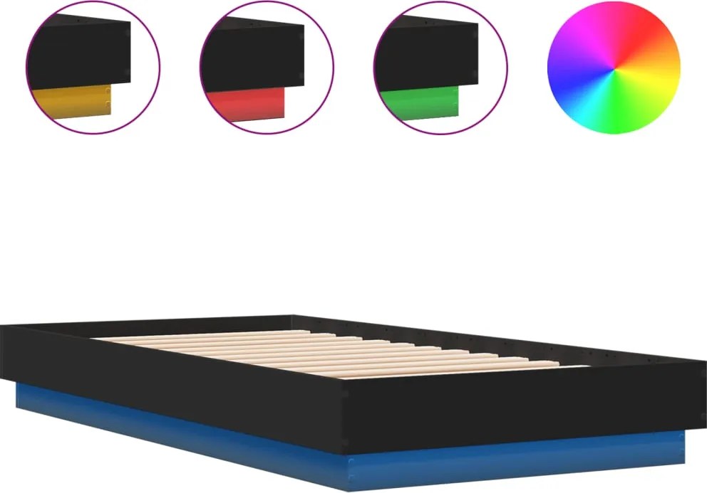 vidaXL fekete ágykeret LED-világítással 75 x 190 cm