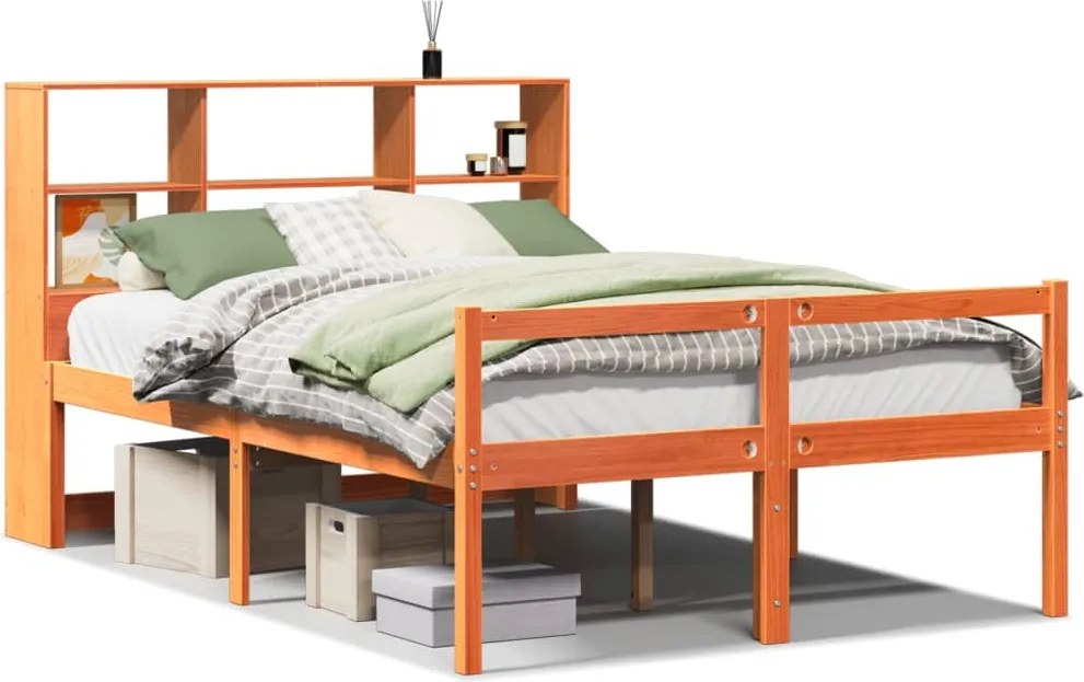 vidaXL viaszbarna tömör fa könyvespolcos ágy matrac nélkül 150 x 200cm