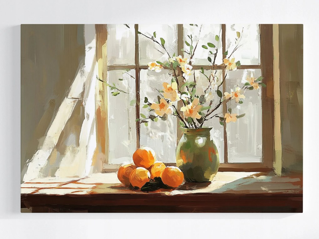 Vászonkép Canvas Ablak Virágok Váza Gyümölcsök Narancs Dekoráció 120x80