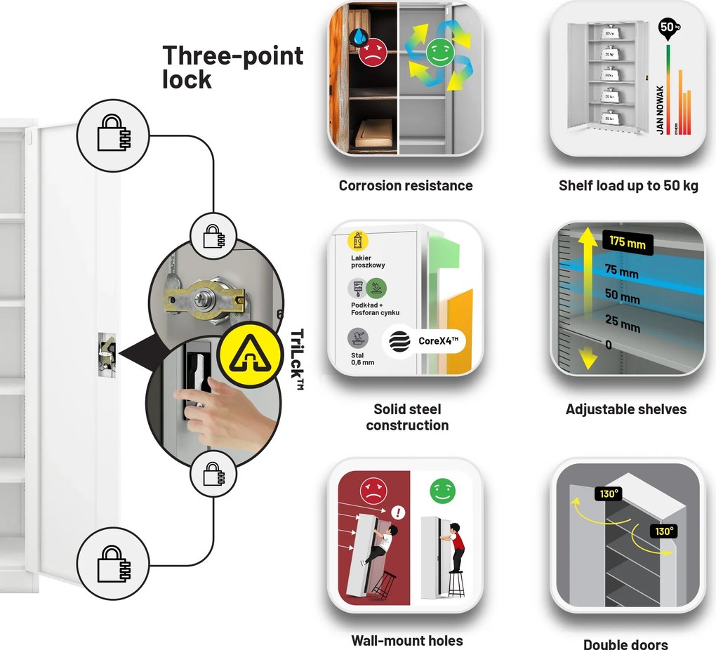Fém iratszekrény JAN II, 1150 x 1850 x 400 mm, fehér