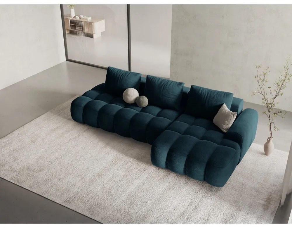 Petróleum színű bársony kinyitható-tárolóhelyes sarokkanapé (jobb oldali-heverő résszel) Linz – Cosmopolitan Design