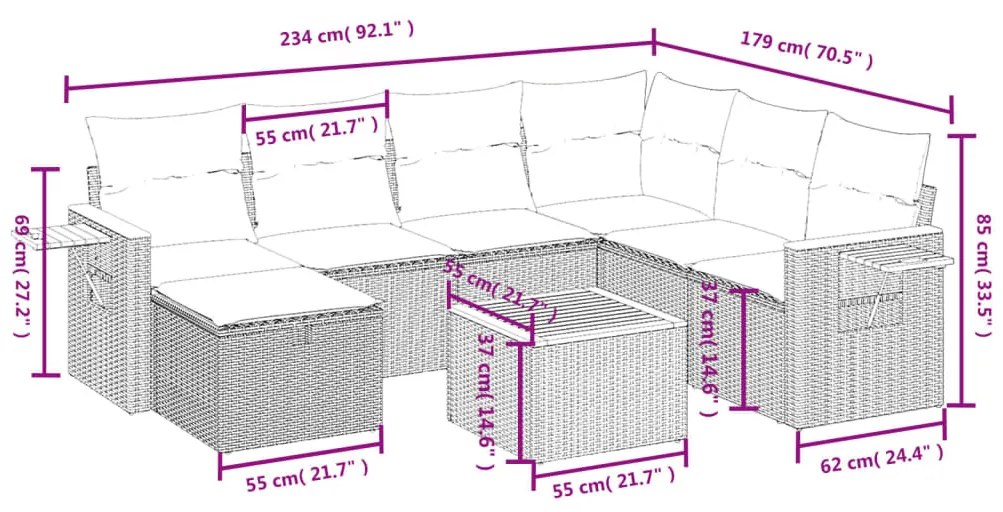 8 részes szürke polyrattan kerti ülőgarnitúra párnákkal