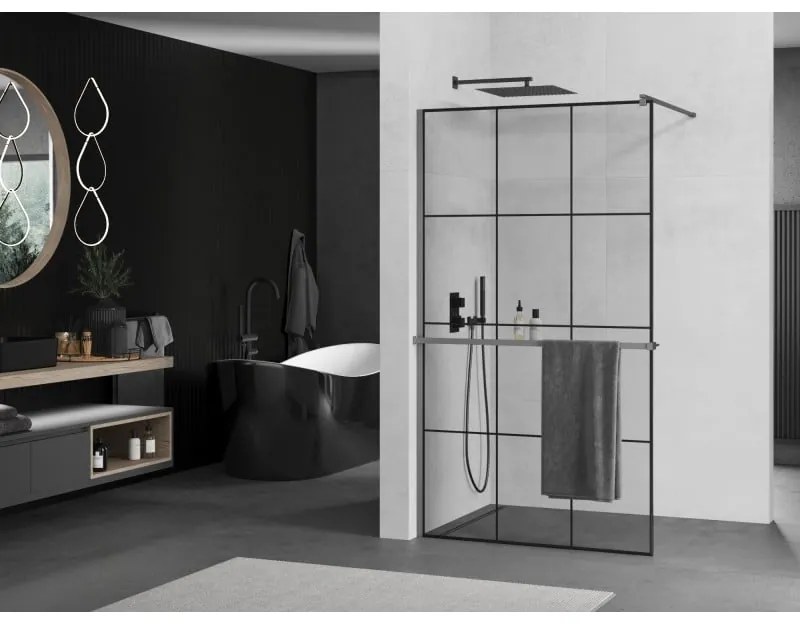Mexen Kioto+, Walk-In zuhanyparaván polccal és akasztóval 110 x 200 cm, 8 mm átlátszó üveg fekete mintás, grafit profil, 800-110-121-95-77
