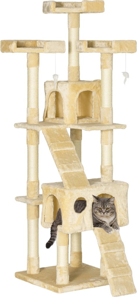 PawHut Macska Karcolófa Nagy 49x49x173 cm Több Szinttel, Barlangokkal, Lépcsőkkel, Lógó Játékokkal és Ágyakkal | Szizál Krém | Aosom