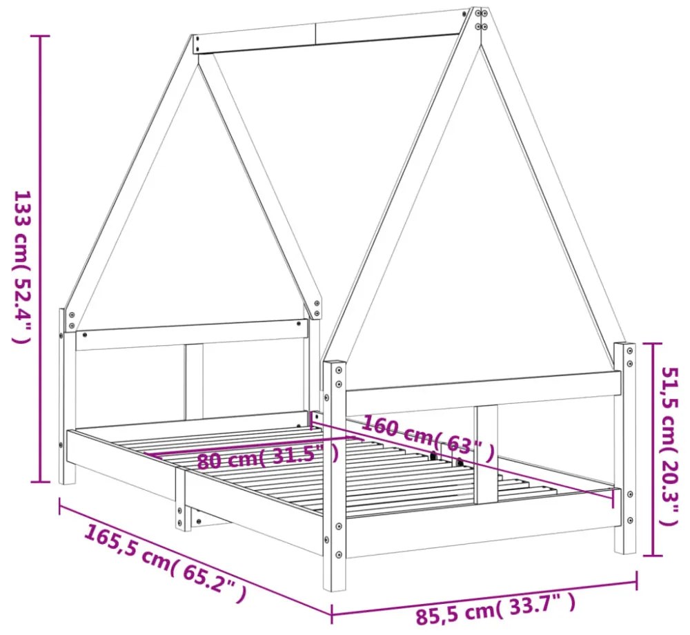 fekete tömör fenyőfa gyerekágykeret 80 x 160 cm
