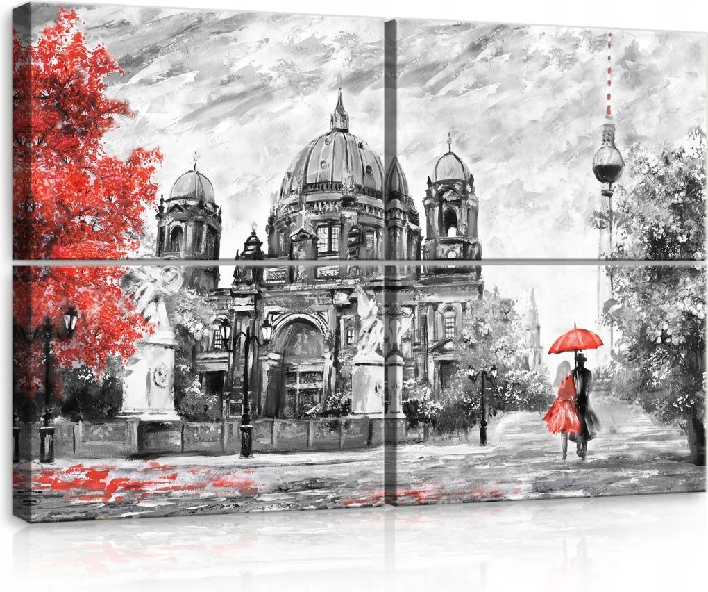 Vászonkép 120x80 Berlin Katedrális eső esernyő szerelmesek ősz piros szürke